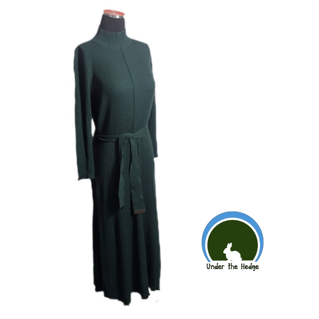Calvin Klein Green Ribbed Knit Long Dress | Large | Classic Minimalist Fall